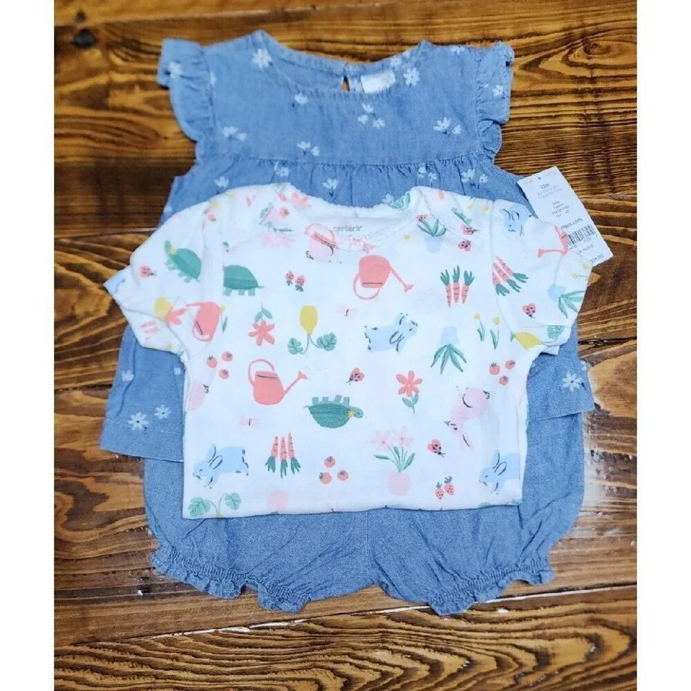 CUTE CARTERS 3-PIECE SHORTS SET - FLORAL AND BUNNY - BABY GIRL SIZE 12 MONTHS
